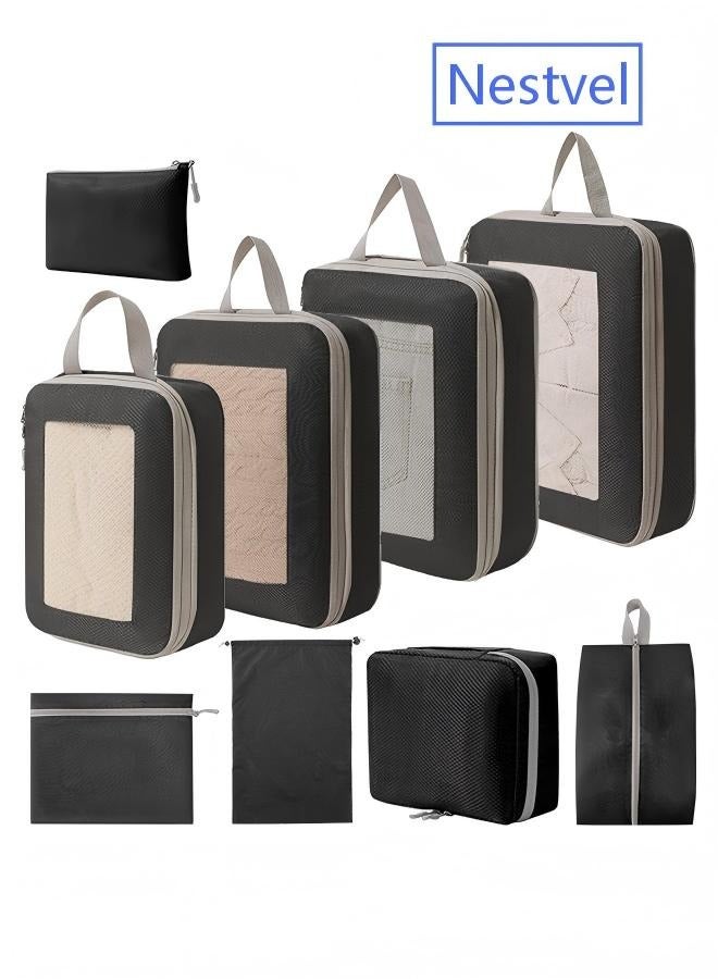 Nestvel 9 Set Compression Packing Cubes for Travel,Lightweight Vacation Travel Essentials，Travel Accessories for Suitcase Organizer Bags Set ， Compressible Expandable Travel Packing Organizer with Double Zipper, Travel Essentials for Carry on Luggage，Durable Luggage Organizer Travel Bags，Black - Image 1